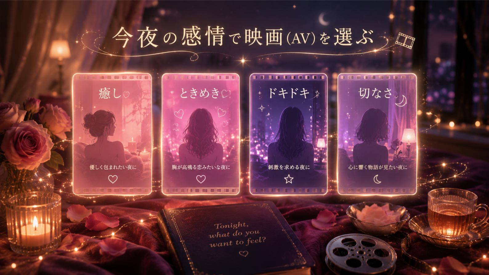 今夜の感情でAVを選ぶイメージ。癒し・ときめき・ドキドキ・切なさを表すカラフルなモチーフ
