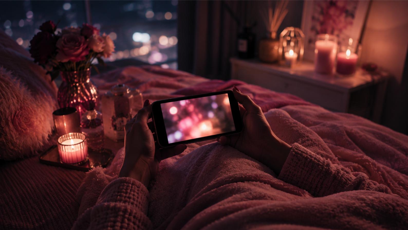 女性がベッドでスマホを見ているシルエット。間接照明とキャンドルの柔らかい光の中でプライベートな夜を過ごすイメージ